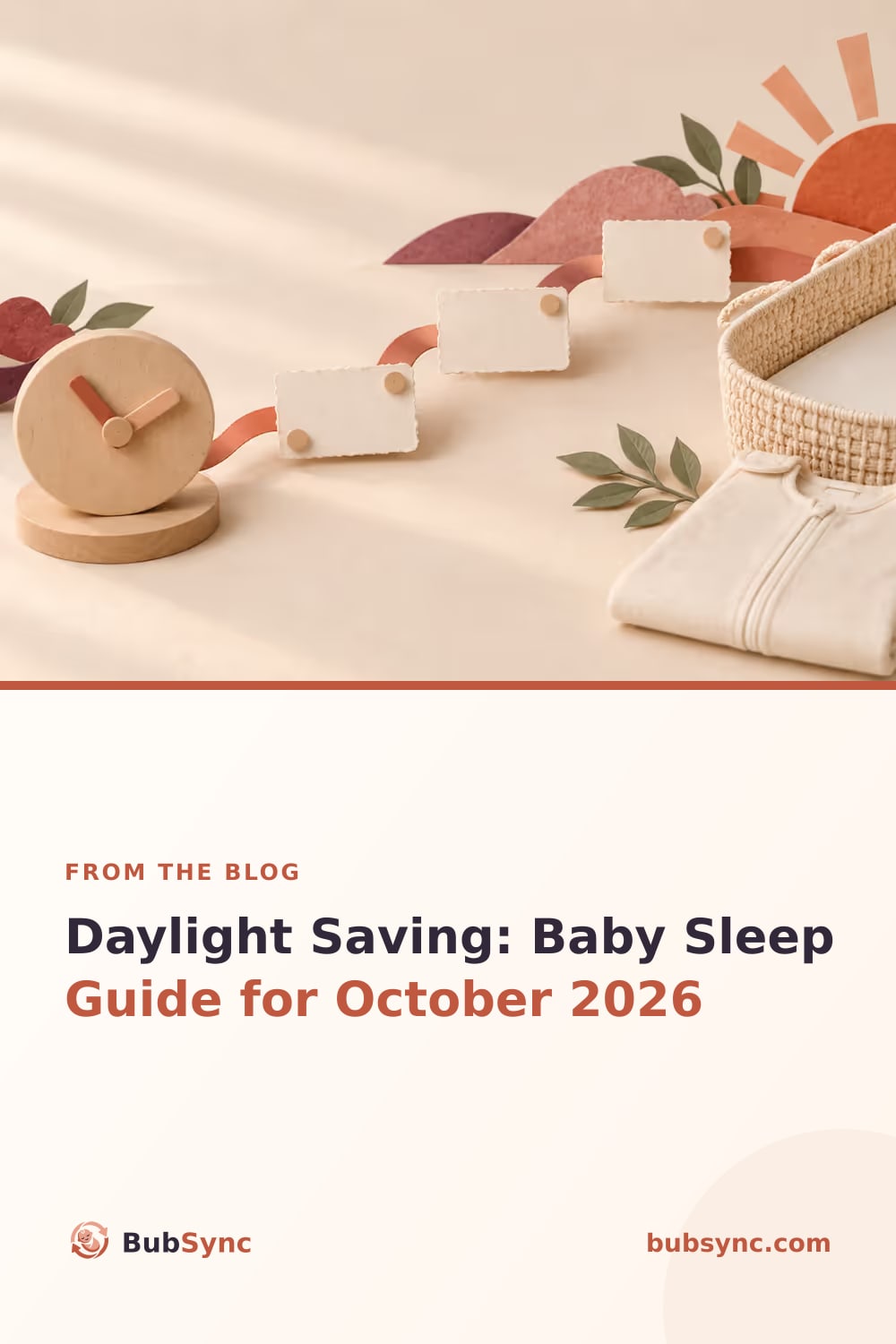 A wooden clock beside four rising blank cards leading from a paper moon to a sunlit empty bassinet and folded sleep sack