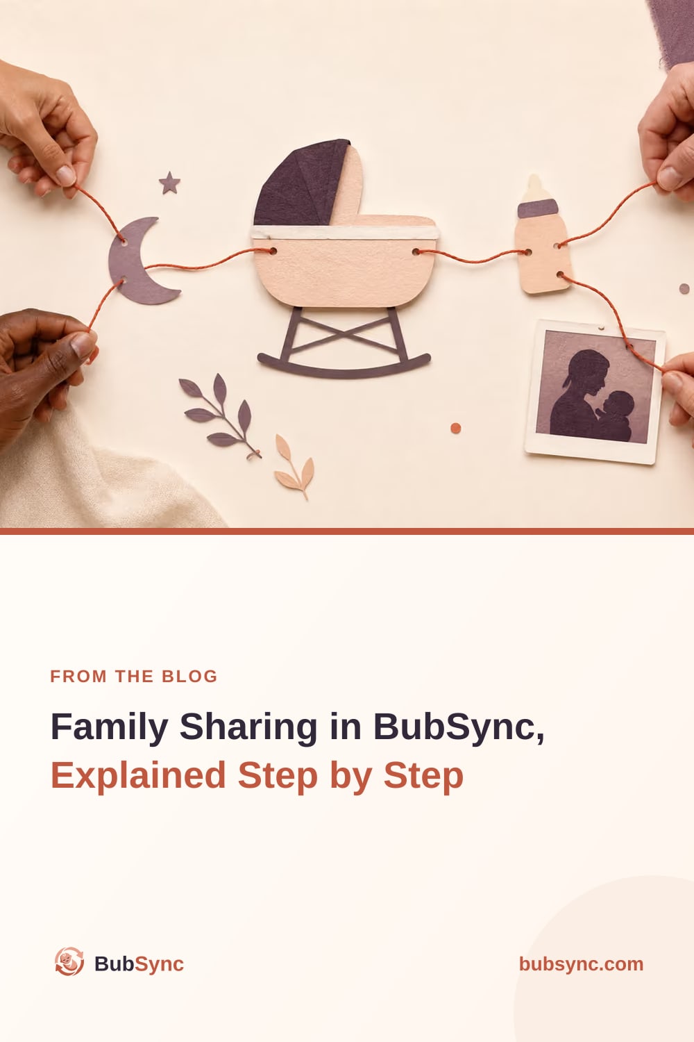 Two pairs of hands passing a red thread across a paper cot, linking a moon, a photograph and the people caring for one baby