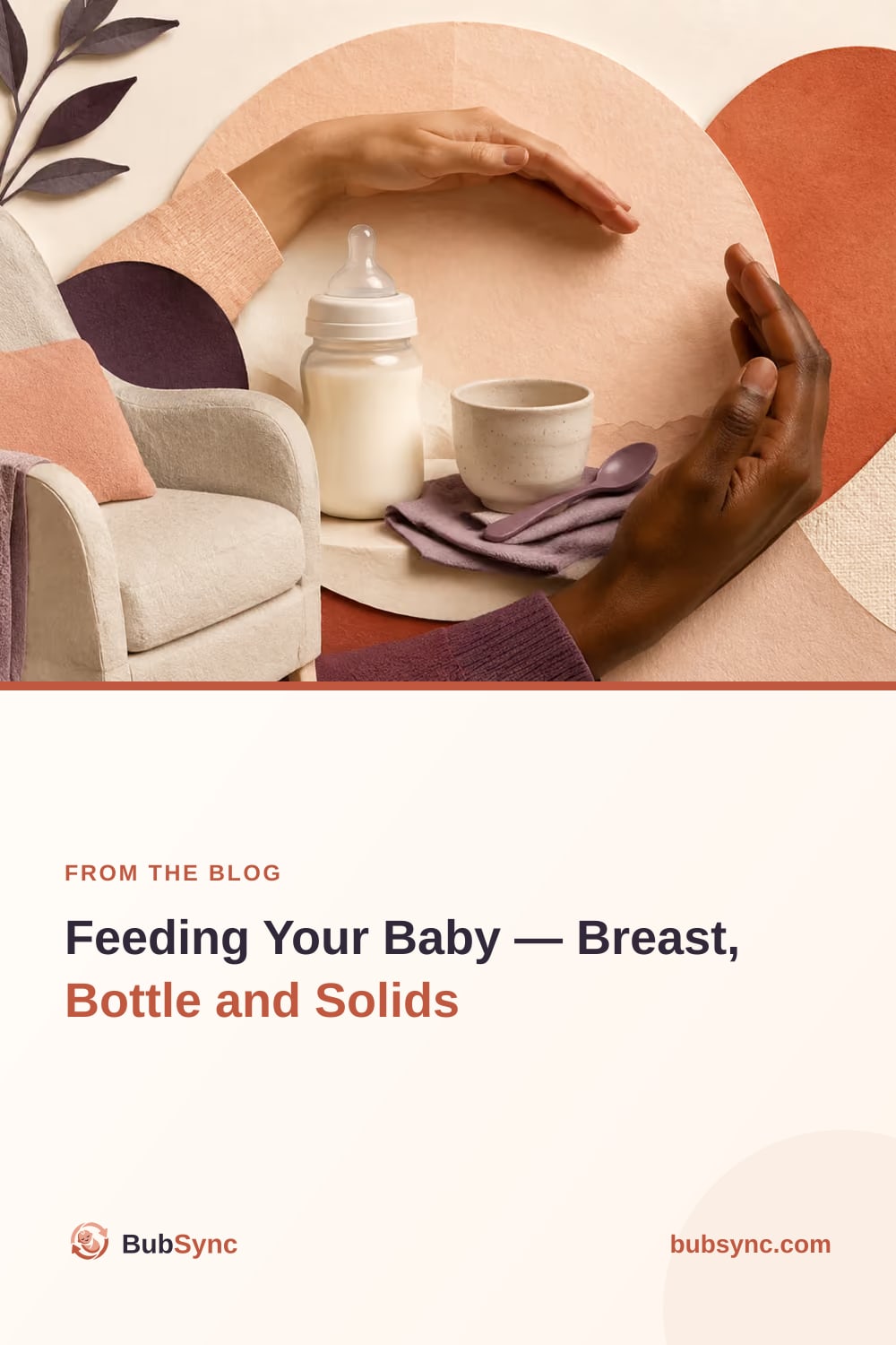 Two hands curved into a protective circle around a bottle of milk and a small cup, beside a nursing chair
