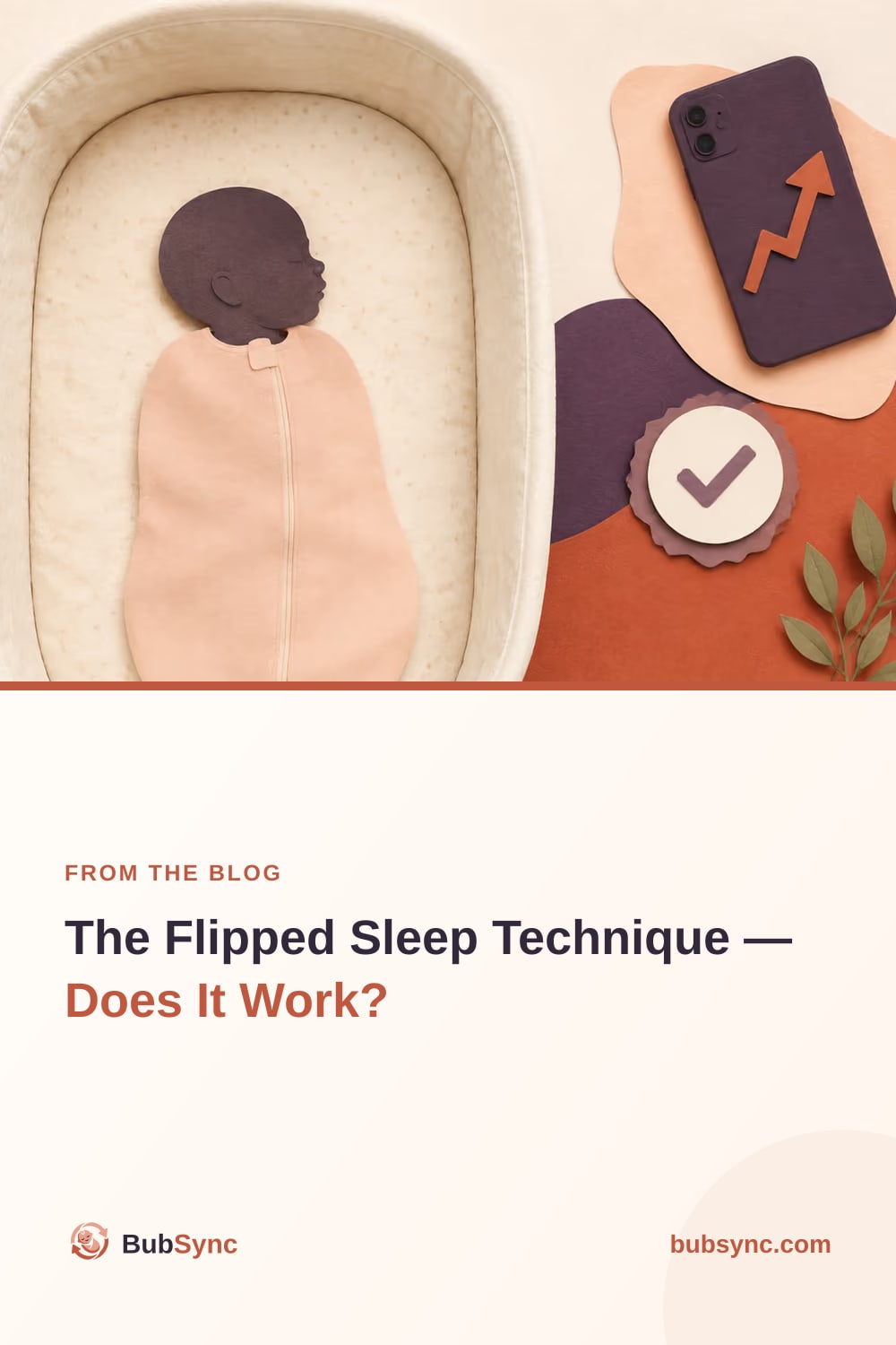 A baby sleeping on their back in a bassinet beside a phone showing a rising trend line, with a tick marking the safe sleep position