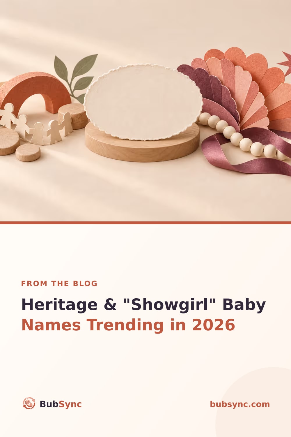 A blank paper name medallion between a family chain and ancient arch on one side and a coral fan, ribbon and beads on the other