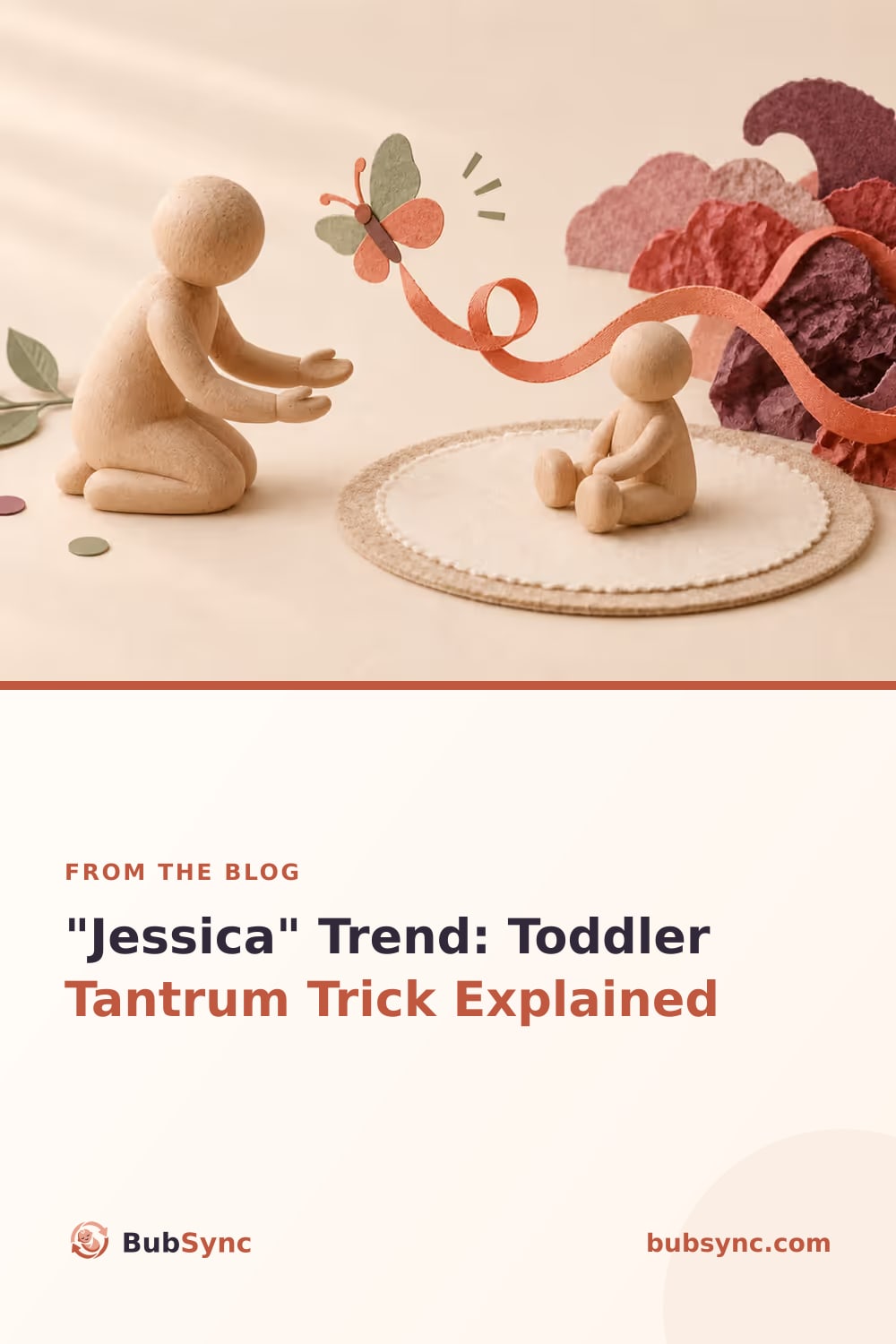 A calm wooden caregiver kneeling beside a seated toddler as a tangled ribbon opens into a loop beneath a paper butterfly