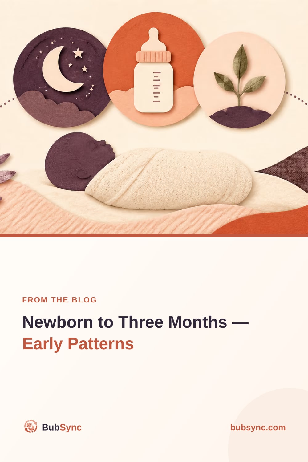 A swaddled newborn beneath three linked circles — a moon, a bottle and a seedling — marking the rhythms of the first three months