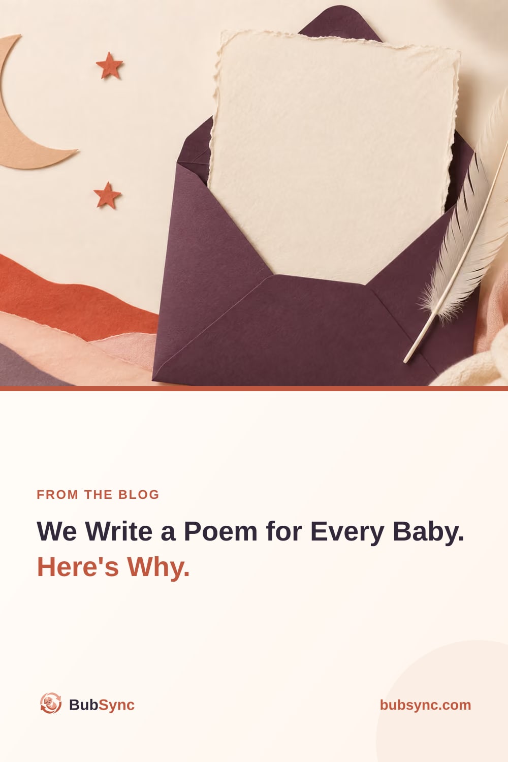 A blank deckle-edged card resting in an open envelope beside a feather quill, under a paper moon and stars