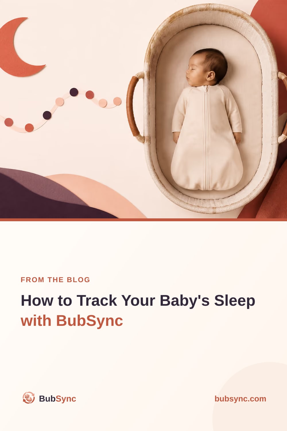A baby asleep on their back in a woven bassinet, with a paper moon and a line of dots marking naps across the day