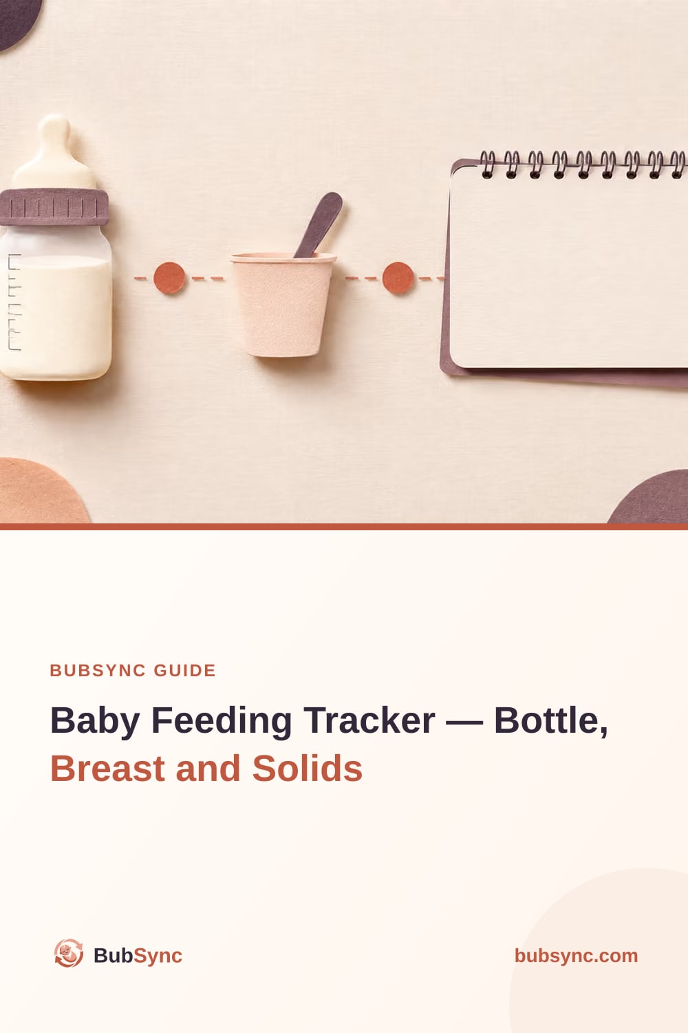 A bottle, a small cup and a spiral notebook joined by a dotted line, showing one feed logged after another