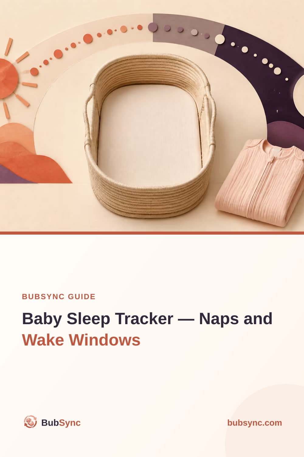 An empty bassinet beneath an arc running from a paper sun through a line of dots to a crescent moon, marking day and night sleep