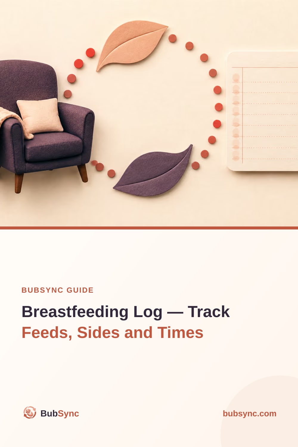 A nursing chair and a ruled notepad joined by a circle of leaves and dots, standing for feeds logged side after side