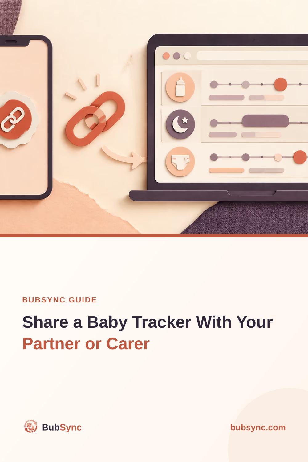 A phone showing a share-link icon beside a laptop displaying a baby's care timeline in a browser, with no app installed