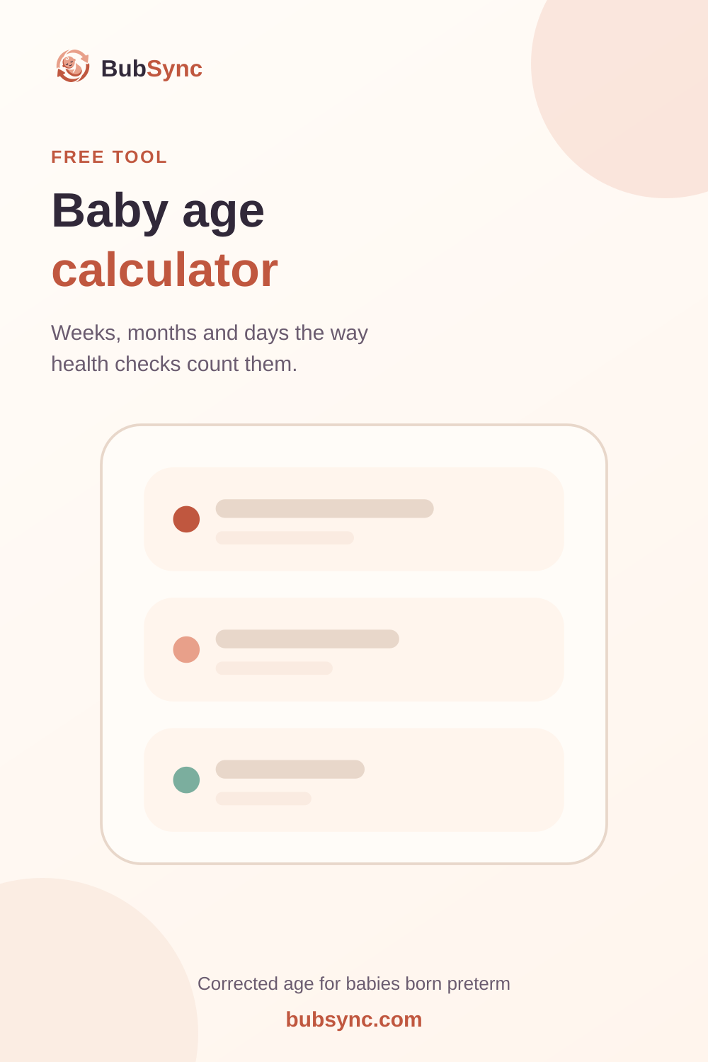Cream and peach BubSync graphic reading “Baby age calculator,” with text about counting age in weeks, months and days, a three-row results illustration and a note about corrected age for babies born preterm.